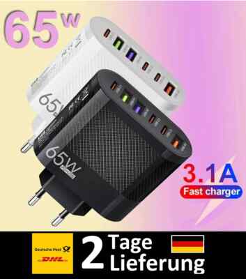 USB Schnell Ladegerät 65W  6 Port  Quick 3.0 5V-3,5A/9V-2A/12V-1,6A USB-C PD 