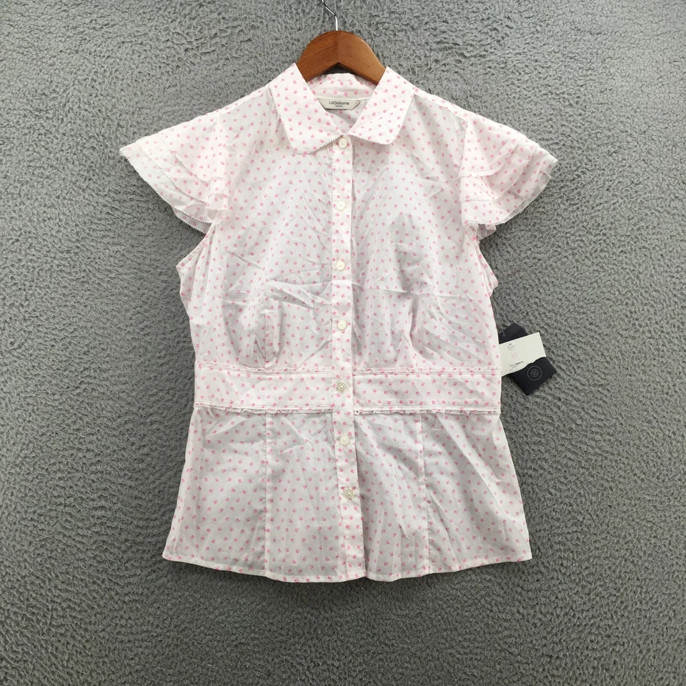 Camisa Liz Claiborne Mujer 10 Blanco Rosa Paisley Manga Flutter Abotonada NUEVA Foto 2 de 4