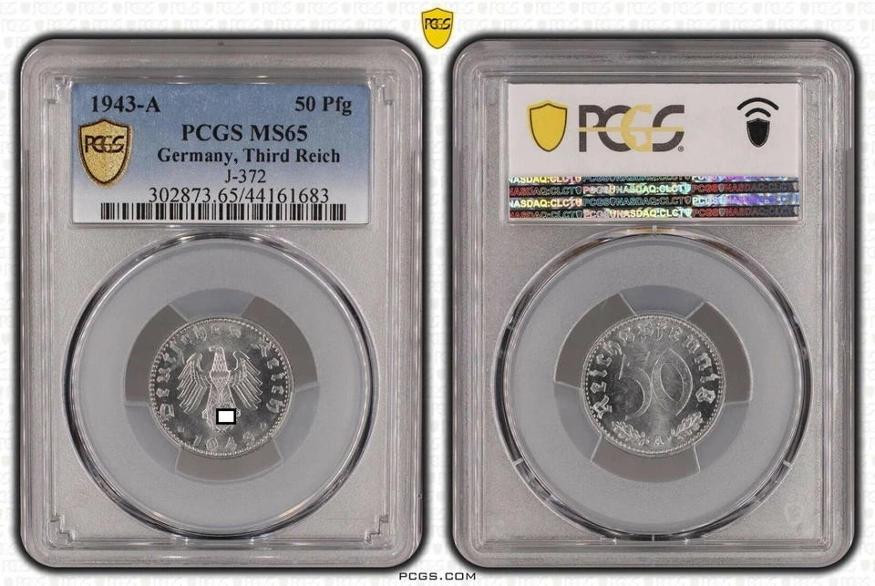 50 Pfennig Alu 1943 A prfr.-Stempelglanz PCGS zertifiziert PCGS MS65   78899 - Bild 1 von 1