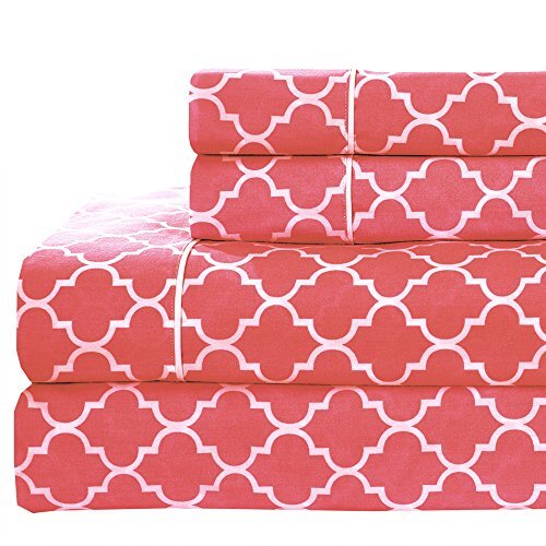 Meridian Coral and White Brushed Sateen Cotton Sheets, 5pc Adjustable Queen,
