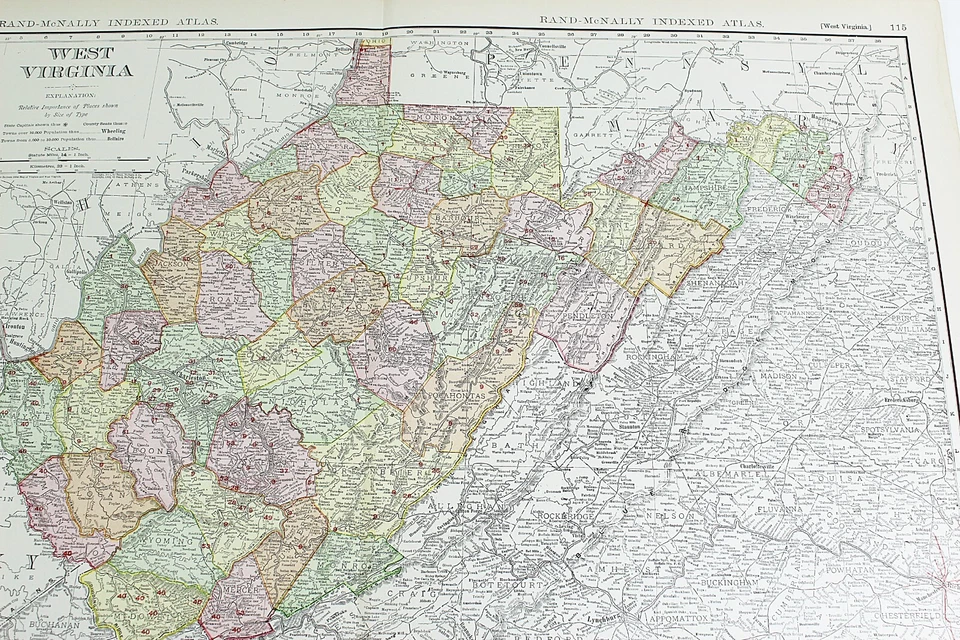 Mapa estatal de Virginia Occidental Rand McNally 1901 ferrocarril RR ciudad de negocios folio grande Foto 4 de 4