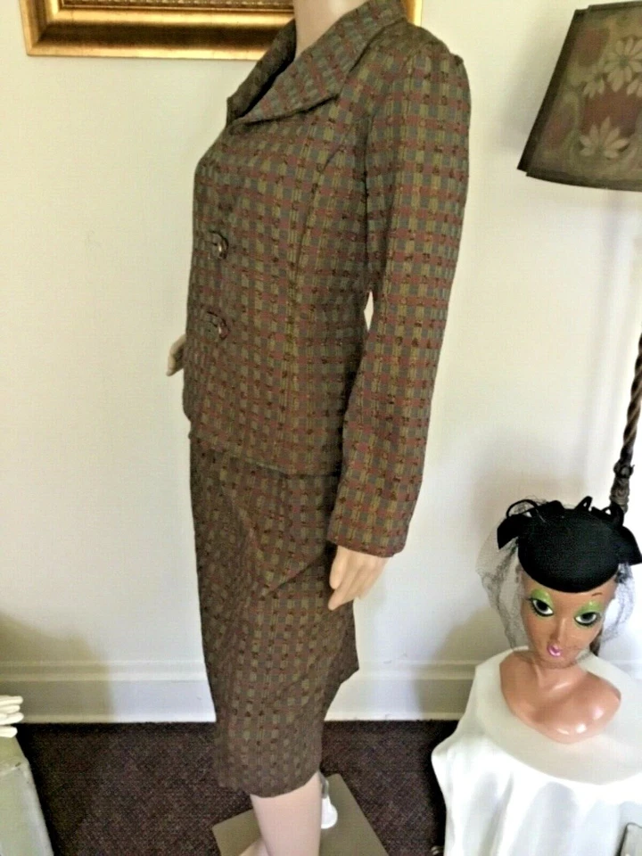 60’s Vintage Green Maroon Gingham Jacket Rockabilly Midi Skirt Suit - Image 4 of 4
