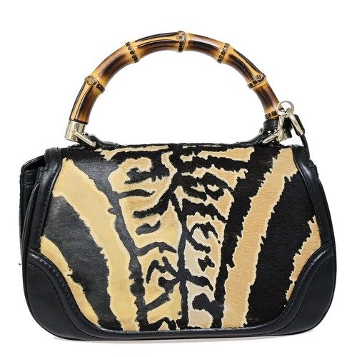 GUCCI Logo Animal Print Bamboo 2Way Shoulder Hand Bag Fur Leather BK BN 11EC691 - Picture 3 of 17