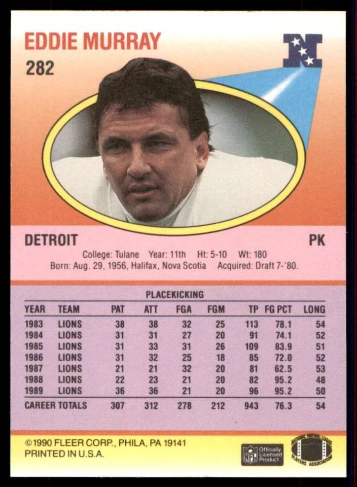 1990 Fleer Eddie Murray Detroit Lions #282 - Image 2 of 2