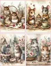 8 MICE FAMILY VINTAGE SHABBY CHIC FANTASY GLOSSY FOLD OUT BLANK NOTE CARD