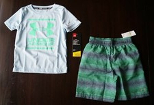 NWT 2 Pc Under Armour Boys UA Logo Wave Up Blue Volley Set 4 Swimsuit Rashguard