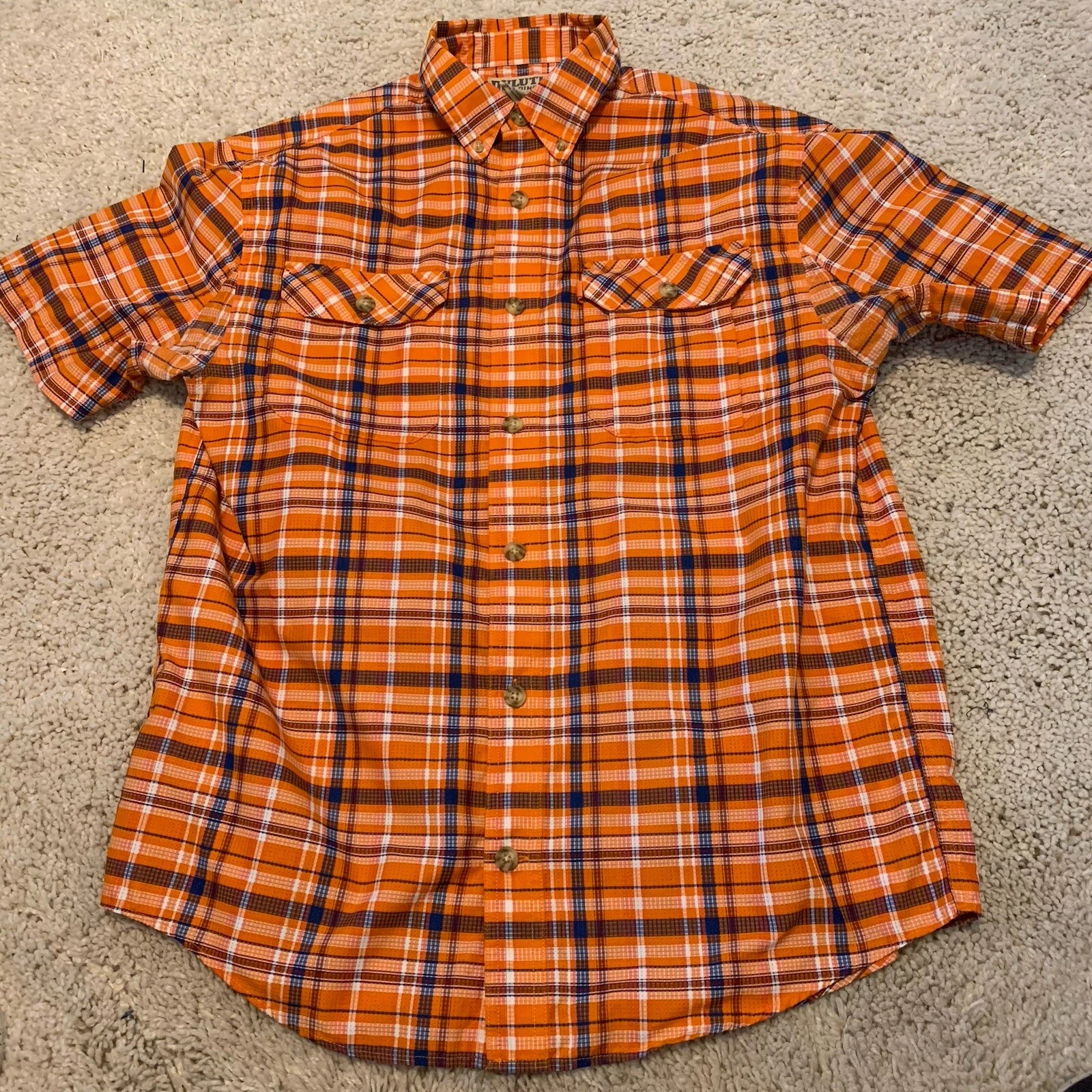 Duluth Trading Shirt Men Medium Orange Plaid Fishing Hiking Short Sleeve Pockets