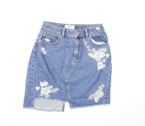 Miss Selfridge Damen blau Blumenmuster Baumwollmischung A-Linie Rock Größe 8