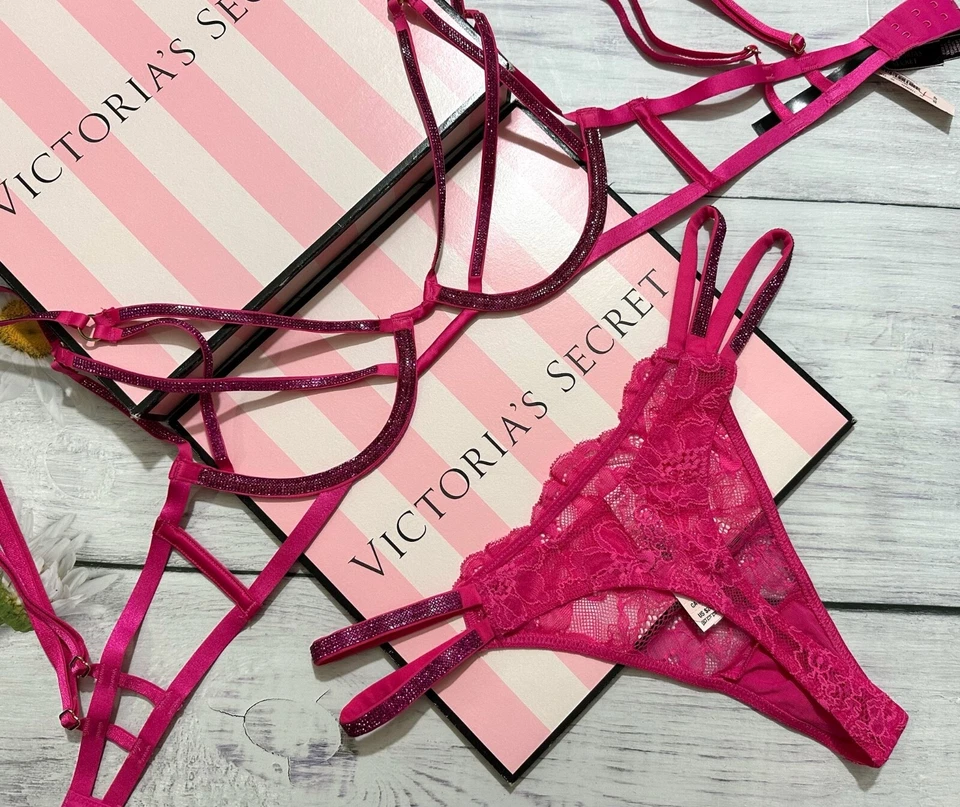 Victoria's Secret Brillo Tirantes MUY SEXY Copa Abierta Triángulo Sujetador Tanga Conjunto Rosa Foto 2 de 4