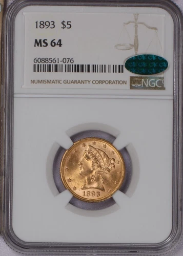 1893 Gold Liberty Head $5 NGC MS64 CAC. P.Q.