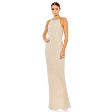 Mac Duggal Beaded Sleeveless High Neck Column Gown Beige Size 2 NWT