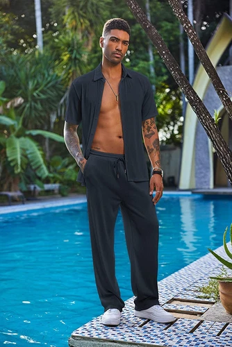Men Outfit 2-Piece Set Half Sleeve Button Shirt and Pants Sweatsuit Set - Picture 15 of 30