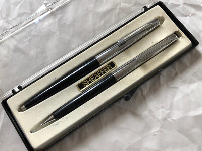 Vtg Sheaffer Black & Silver Slim Mechanical Pen & Lead Pencil Set w/ Box