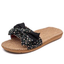 Zapatillas de bambú de verano, transpirables de ratán y lino, suela antideslizante, negras