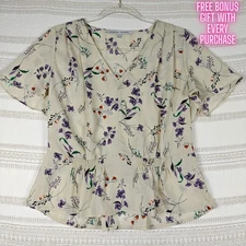 Collective Concepts Cream Purple Floral Blouse Peplum Hem Top XL