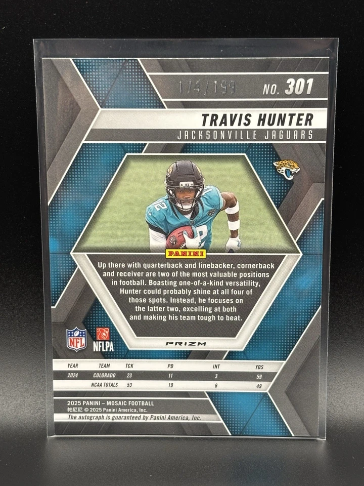 2025 PANINI MOSAIC TRAVIS HUNTER RED RC AUTO /199 JAGUARS #301 - Image 2 of 2