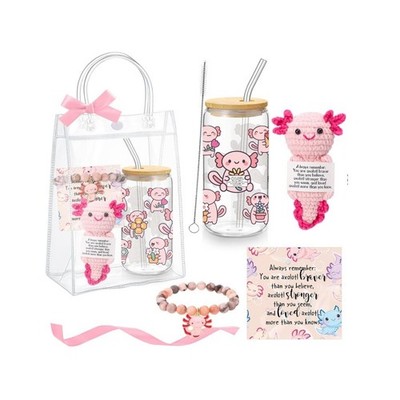 Axolotl Gift Set Women OS Pink Glass Tumbler Crochet Plush Bracelet NWT