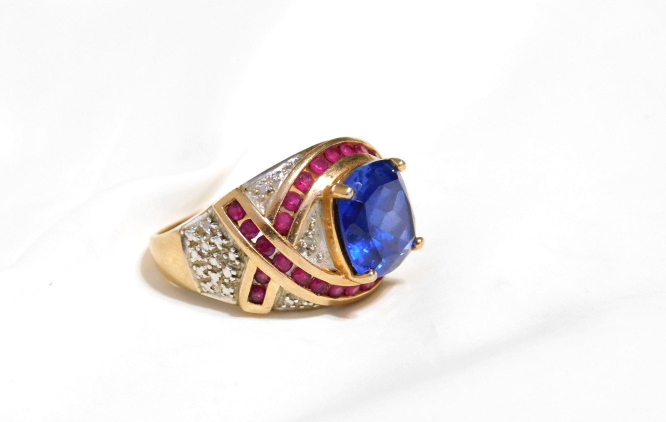 Simulated Sapphire and Ruby Statement Ring Sterli… - image 2