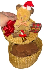 Flocked 1970’s Bear On A Wicker Basket w/17 Cinnamon Cookie ornaments 8”x6”x4.5”