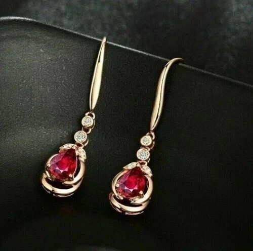 Lab Created Red Ruby 2Ct Pear Cut Drop/Dangle Earrings 14k Yellow Gold Plated