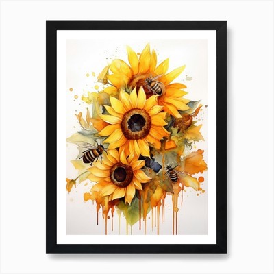 Bienenstock mit Sonnenblume Aquarell gerahmt Wandbild Poster Leinwanddruck Bild