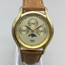 Timex Moon Phase Watch Mens 34mm Gold Tone Day Date Brown Leather Quartz