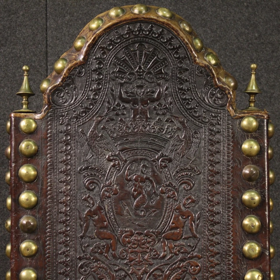 Pair of Italian antique chairs furniture seats armchairs leather wood 18th cent - Image 3 of 4