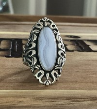 Vintage Sterling Silver Carolyn Pollack Oval Blue Agate Filigree Ring Size 7