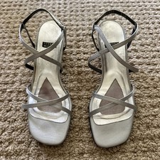 Stuart Weitzman Silver Strappy Leather Block Heel Women's Sandals US 5.5