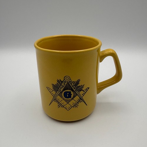 Vintage Masonic Coffee Mug Freemason Logo Square and Compass Yellow with Blue G
