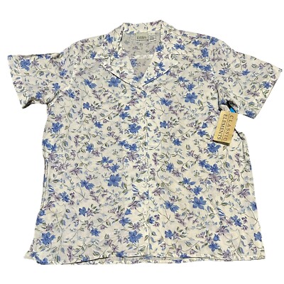 Classic Elements Womens Button Front Shirt L White Blue Floral Top Blouse
