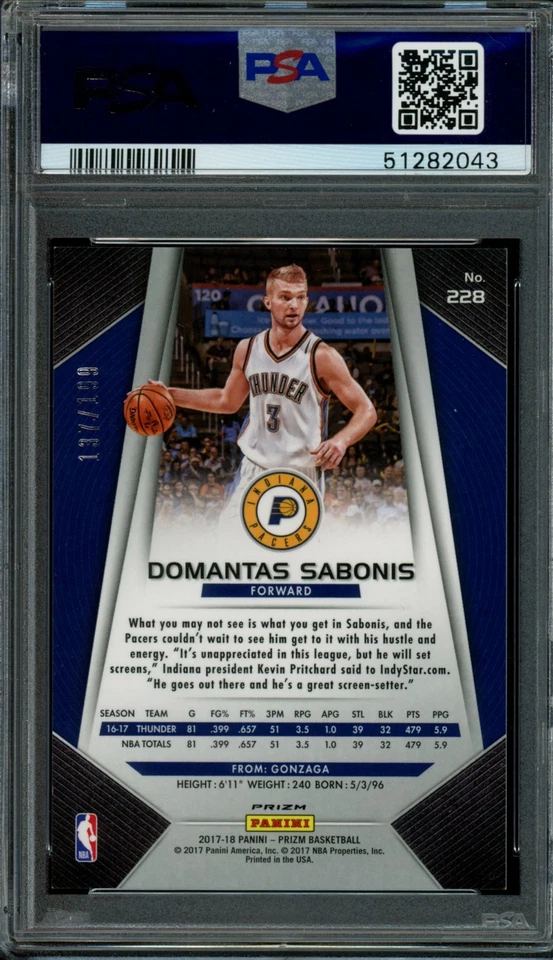 2017 Panini Prizm #228 Domantas Sabonis Blue Prizm /199 PSA 10 POP 1 2nd year - Image 2 of 2