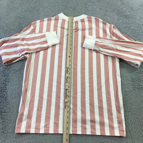 GUESS Shirt Men Small Pink White Striped Crew Neck Long Sleeve Spell Out - Picture 7 of 10