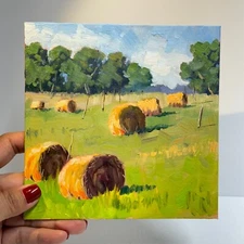 Tranquil Hay Bales: hand painted Original Oil Painting wall art for home decor