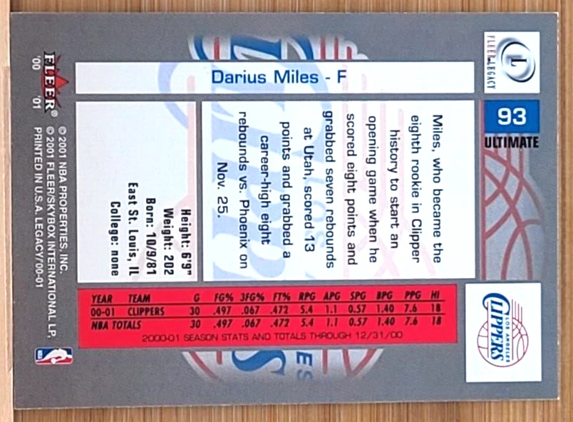 2000-01 FLEER LEGACY DARIUS MILES ROOKIE ULTIMATE #D/175 NBA CLIPPERS - Image 2 of 2