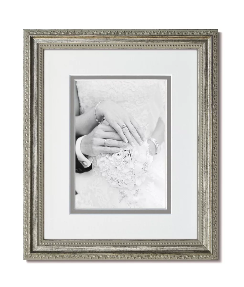 11x14 Traditional Ornate Silver Frame Glass Snow Gray Mat for