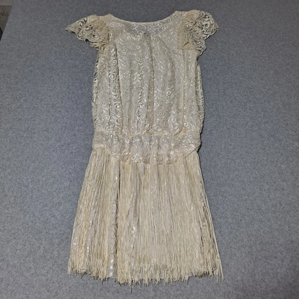 Vintage Flapper Dress Woman Small Ivory Fringe Lace Coquette Fairy Wedding Prom - Image 2 of 4