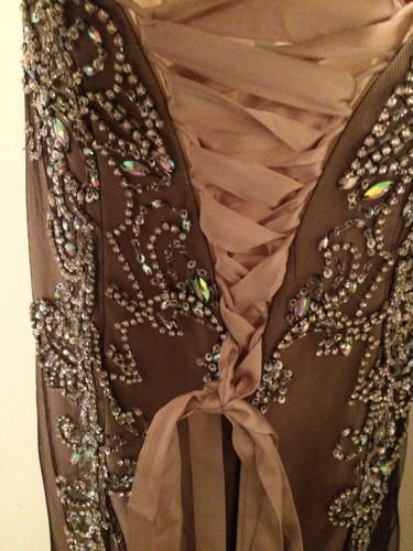 Mermaid Strapless Sweetheart Lace Up Corset Champagne And Black Long Prom Dress - Picture 3 of 5