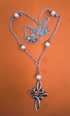 James Avery Retired Cross of Loops Cultured Pearl Silver Necklace