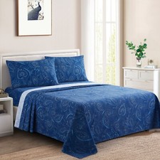 Printed 600 Thread Count Cotton Blend Percale Sheet Set, Navy Blue Paisley Queen