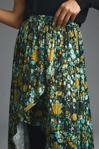 New Anthropologie Maeve Asymmetrical Floral Green Skirt elastic waist Small - Picture 3 of 4