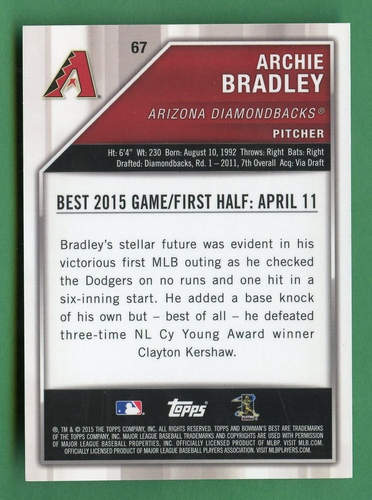 ARCHIE BRADLEY 2015 BOWMANS MEJOR REFRACTOR NARANJA DE BÉISBOL/25 DIAMONDBACKS - Imagen 2 de 2