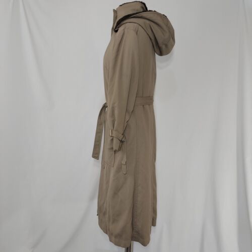Smug Vtg Trench Coat Women Medium Beige Belt Faux Fur Hood Snap Pocket 70s Mod - Picture 3 of 5