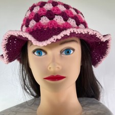 Crochet Bucket Hat Granny Square Pattern Burgundy and Pinks Adult Size Handmade