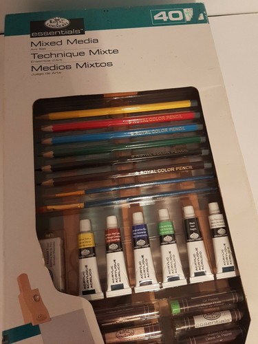New Royal Langnickel 40 pc Mixed Media Art Set W/Easel Acrylics Oil Pastels +++