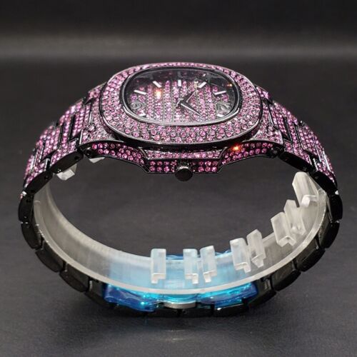 Reloj de lujo Hip Hop Ice Out para hombre y mujer Iced Custom Bling VVS púrpura diamante - Imagen 4 de 9