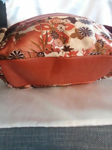 Brown & Gold Floral Satin Purse. Leather Trim & Handles. No Name - Picture 2 of 6