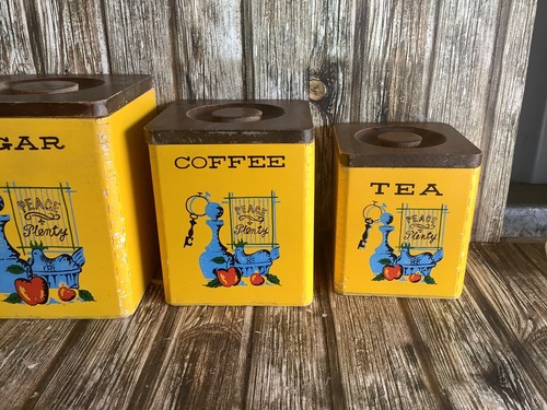 RETRO WOODEN CANISTER SET - VINTAGE CANISTERS TIMBER CONTAINER KITCHENWARE - Foto 3 di 17