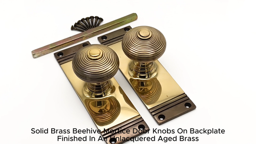 Pair Aged Brass Beehive Mortice Door Knobs on Back Plate - Antique Handle - Video 1 of 1
