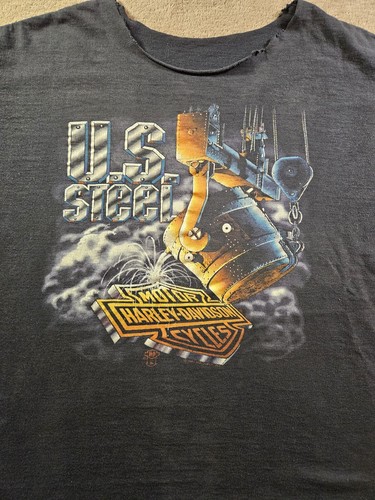 VINTAGE 80s Harley-Davidson Thrashed T-shirt US Steel Biker Motorcycle Size M/L - Picture 2 of 9